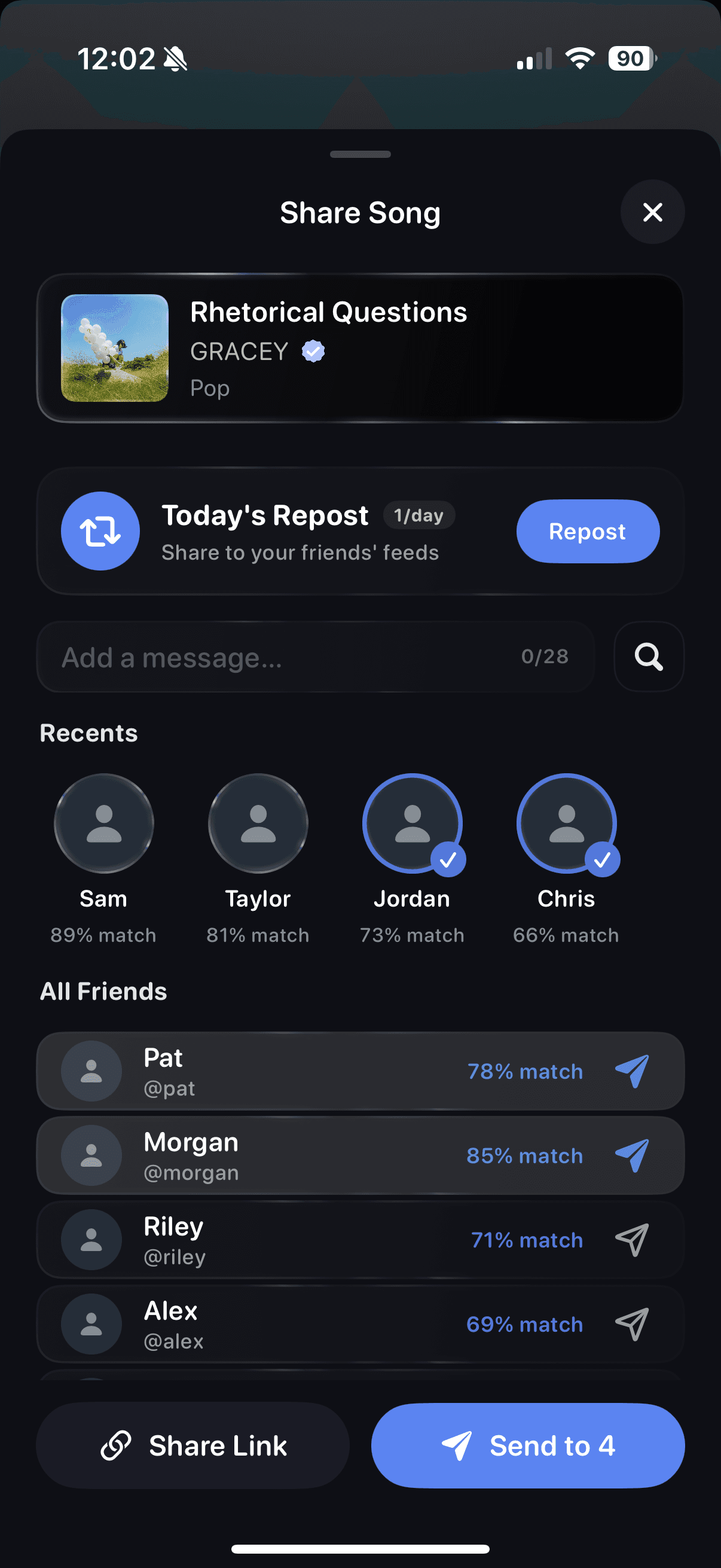 Amphion Share Song screen with Today's Repost and friend selection