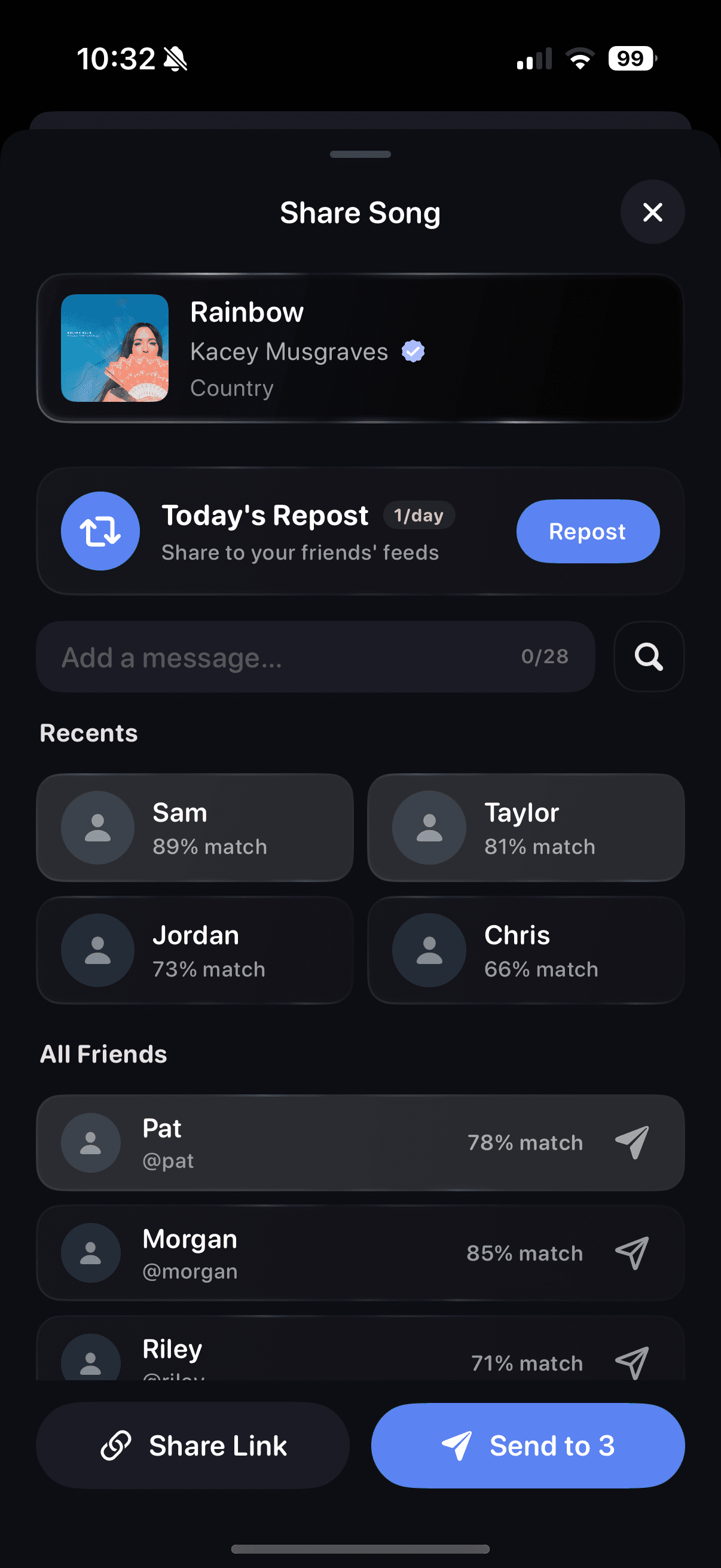 Amphion Share Song screen with repost and friend matching